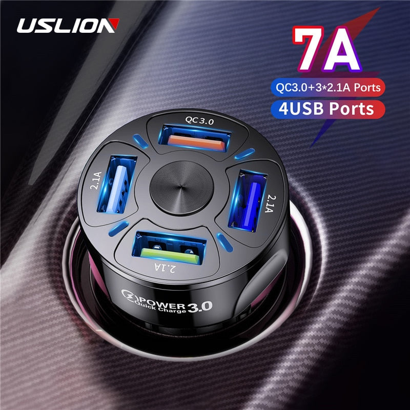 USLION 4 Ports USB Car Charge 48W Quick 7A Mini Fast Charging For iPhone 11 Xiaomi Huawei Mobile Phone Charger Adapter in Car - KTStechnixx